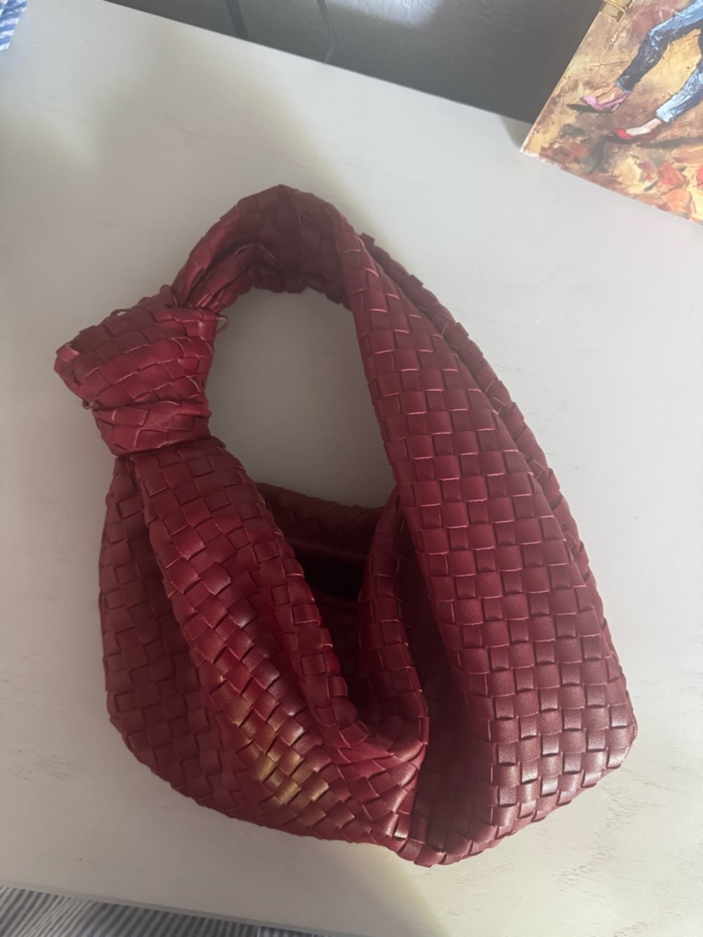 Woven Knot-Top Hobo Bag in Wine Red